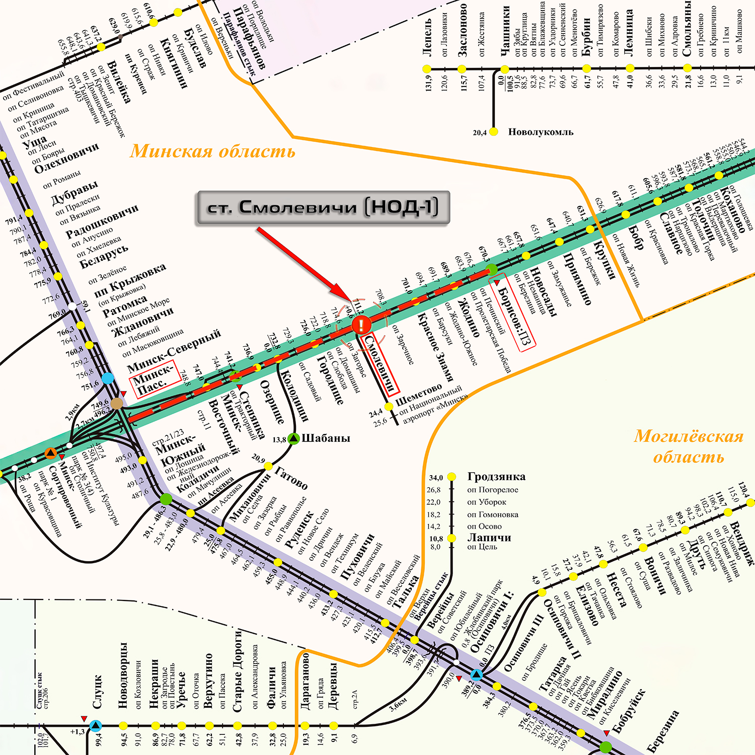 Схема участка Минск - Борисов, на котором допущены задержки поездов
