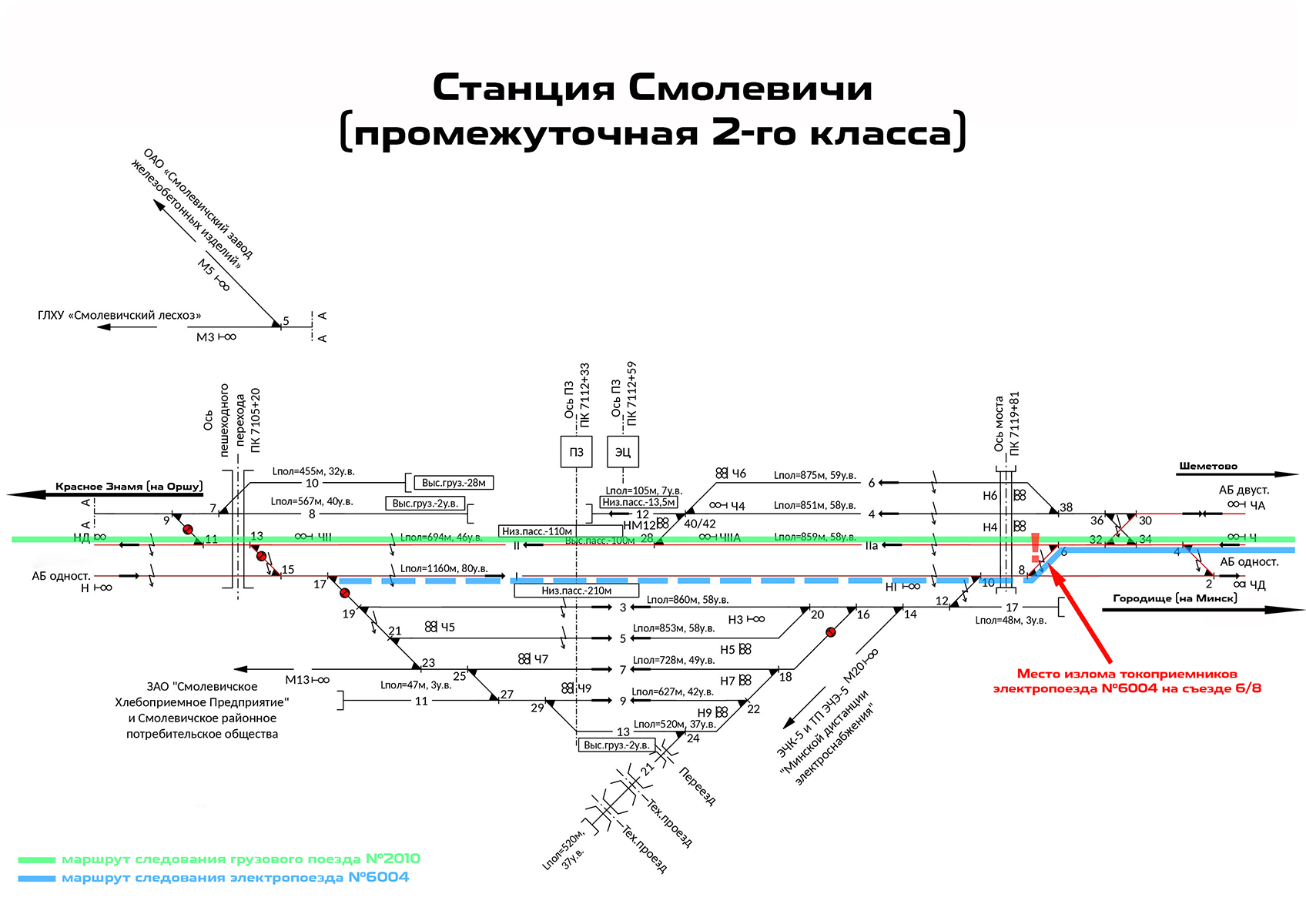 Схема станции Смолевичи с указанием места происшествия