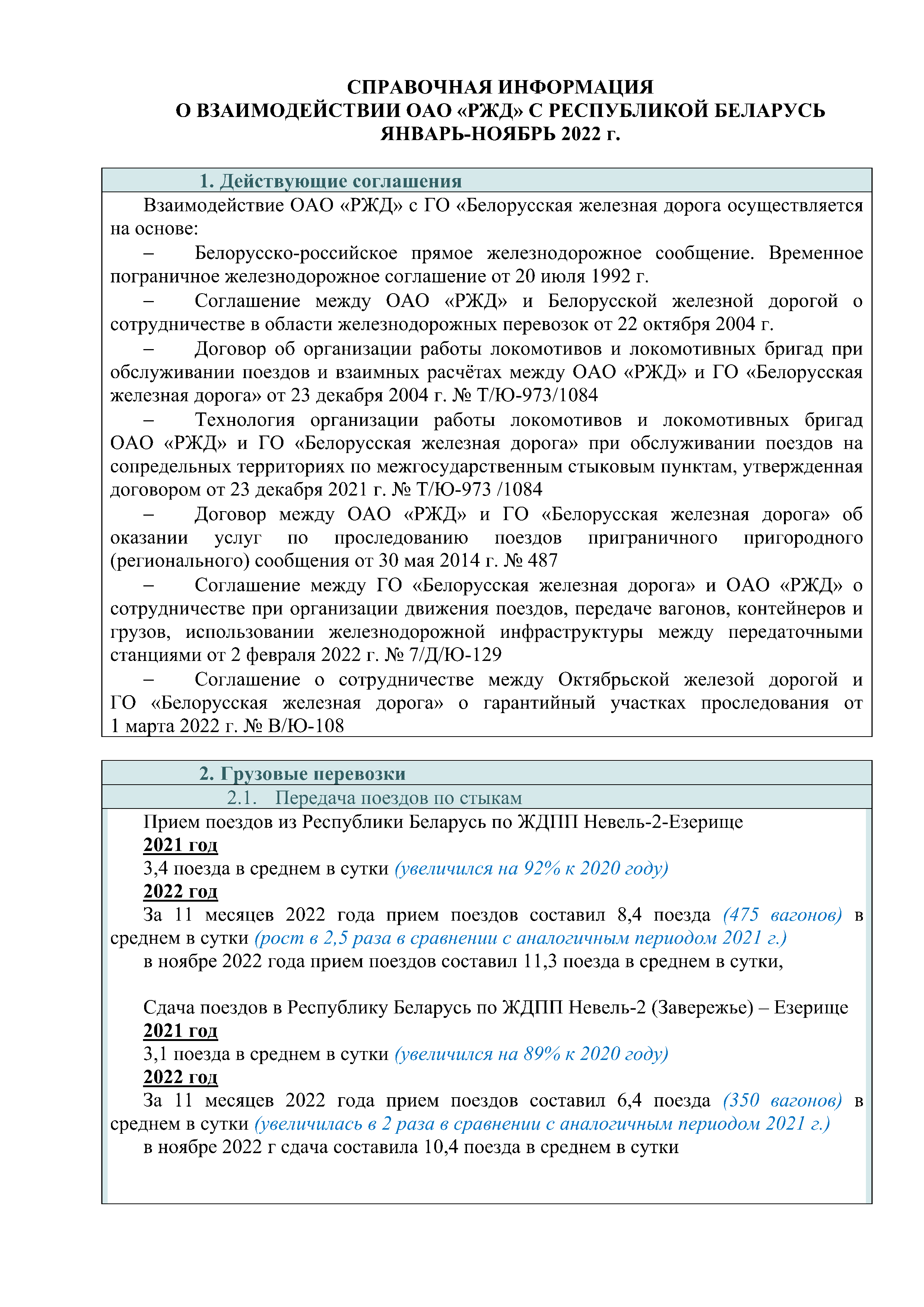 Справочная информация о взаимодействии ОАО «РЖД» с Республикой Беларусь (Страница 1)
