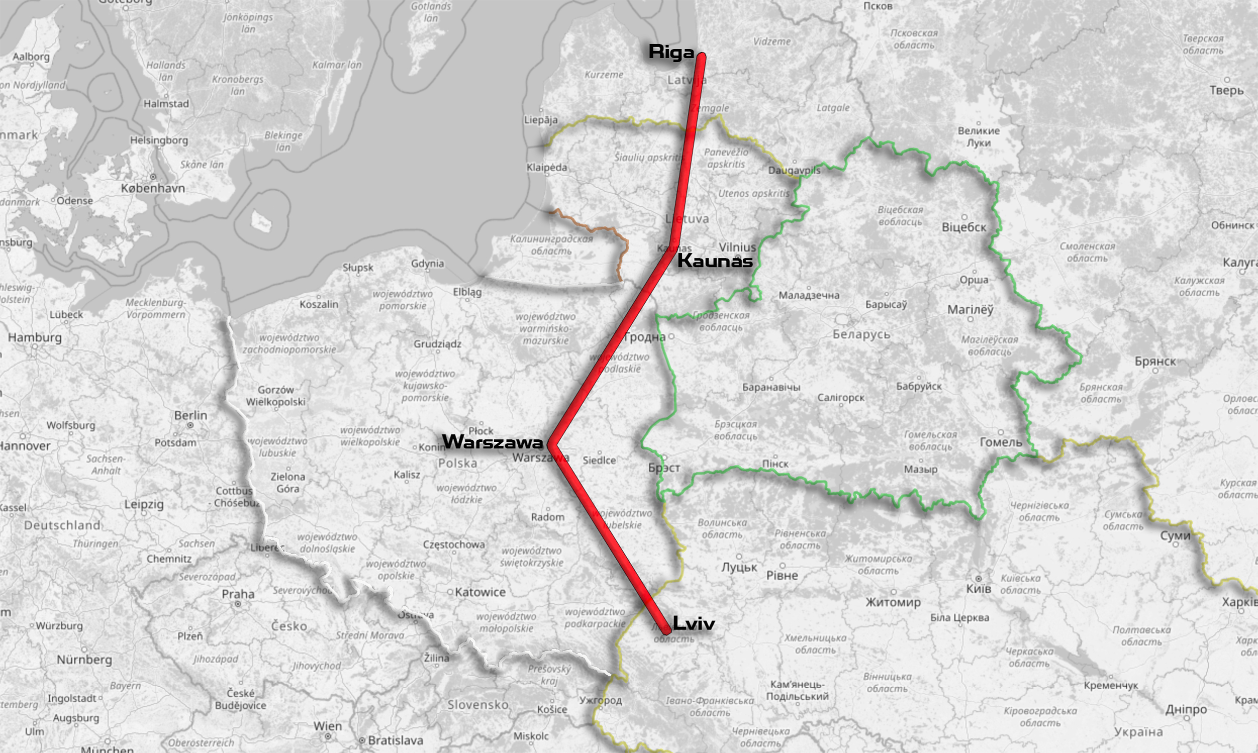 Схема обходного маршрута Беларуси из Украины в рамках проекта Rail Baltica