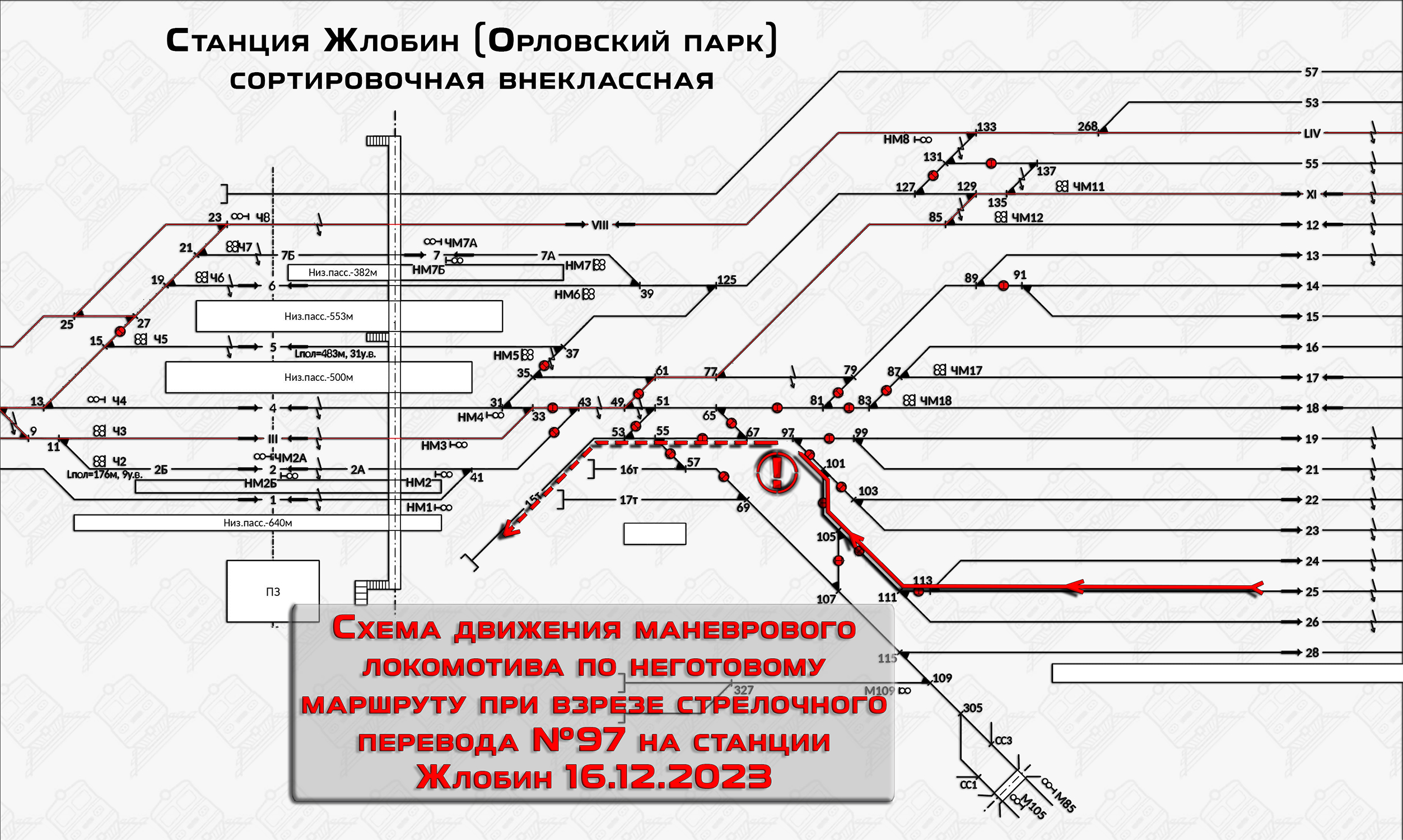 Схема движения маневрового локомотива при взрезе стрелочного перевода №97 на станции Жлобин 16.12.2023