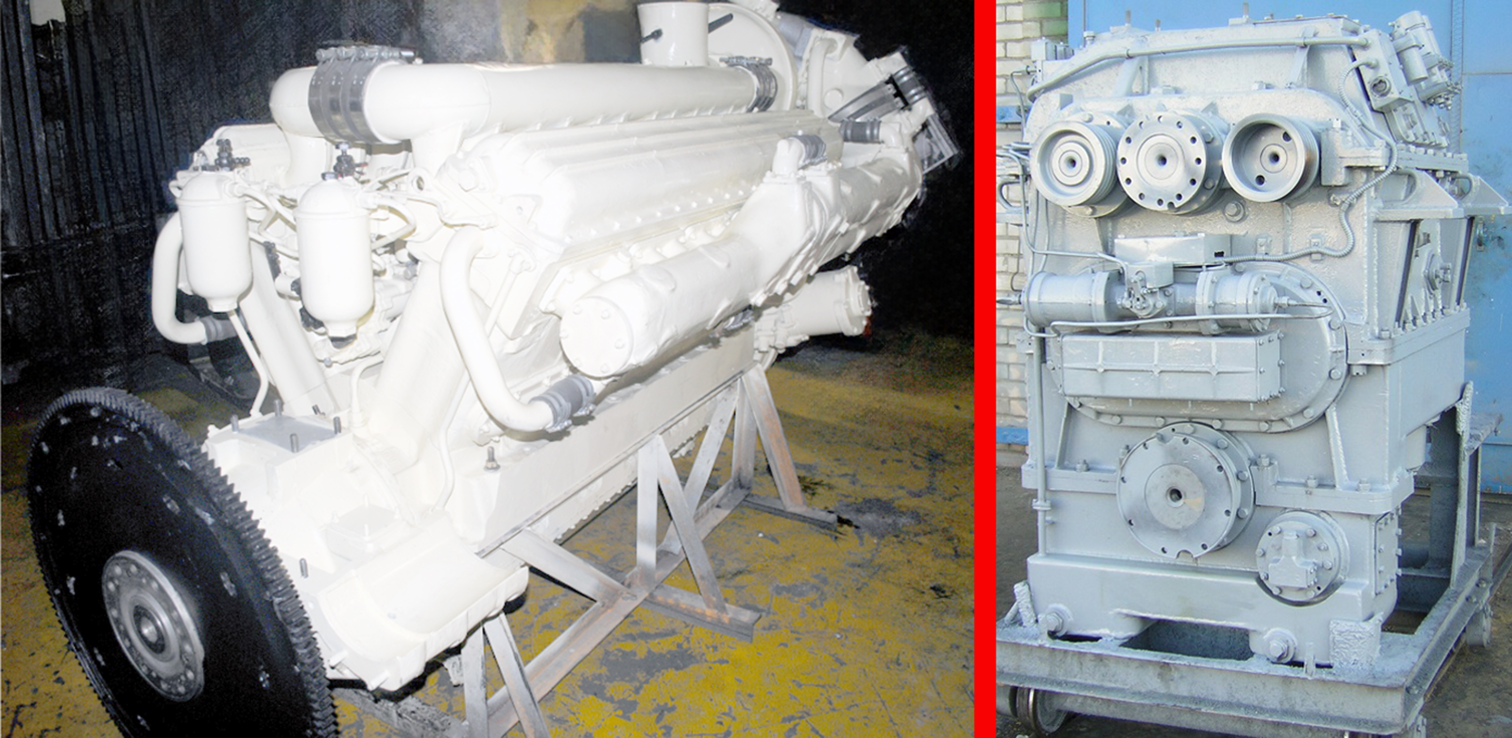 Общий вид дизельного двигателя М756Б (слева) и гидравлической передачи ГДП-1000 (справа)