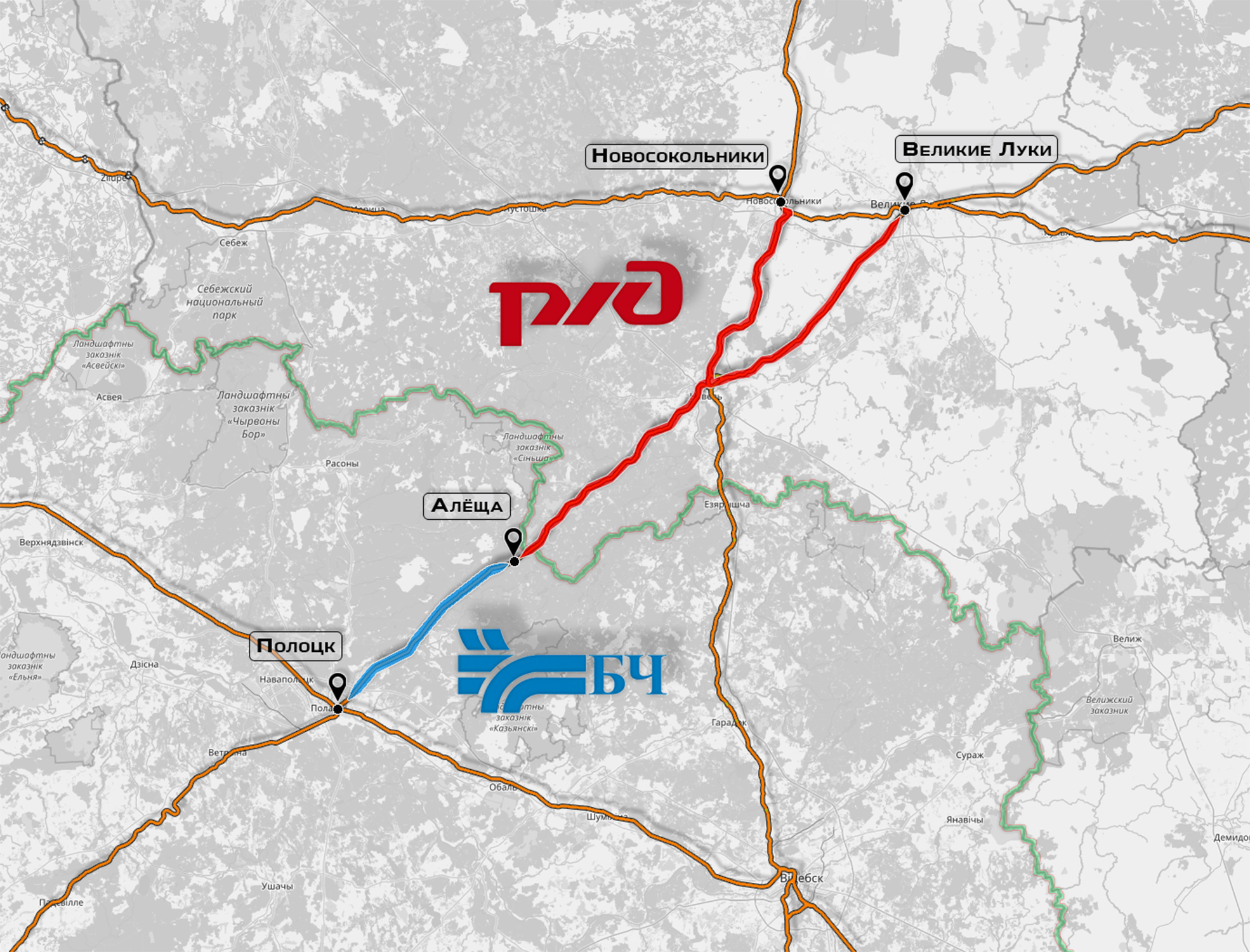 Карта маршрутов следования поездов Полоцк - Алёща - Новосокольники/Великие Луки