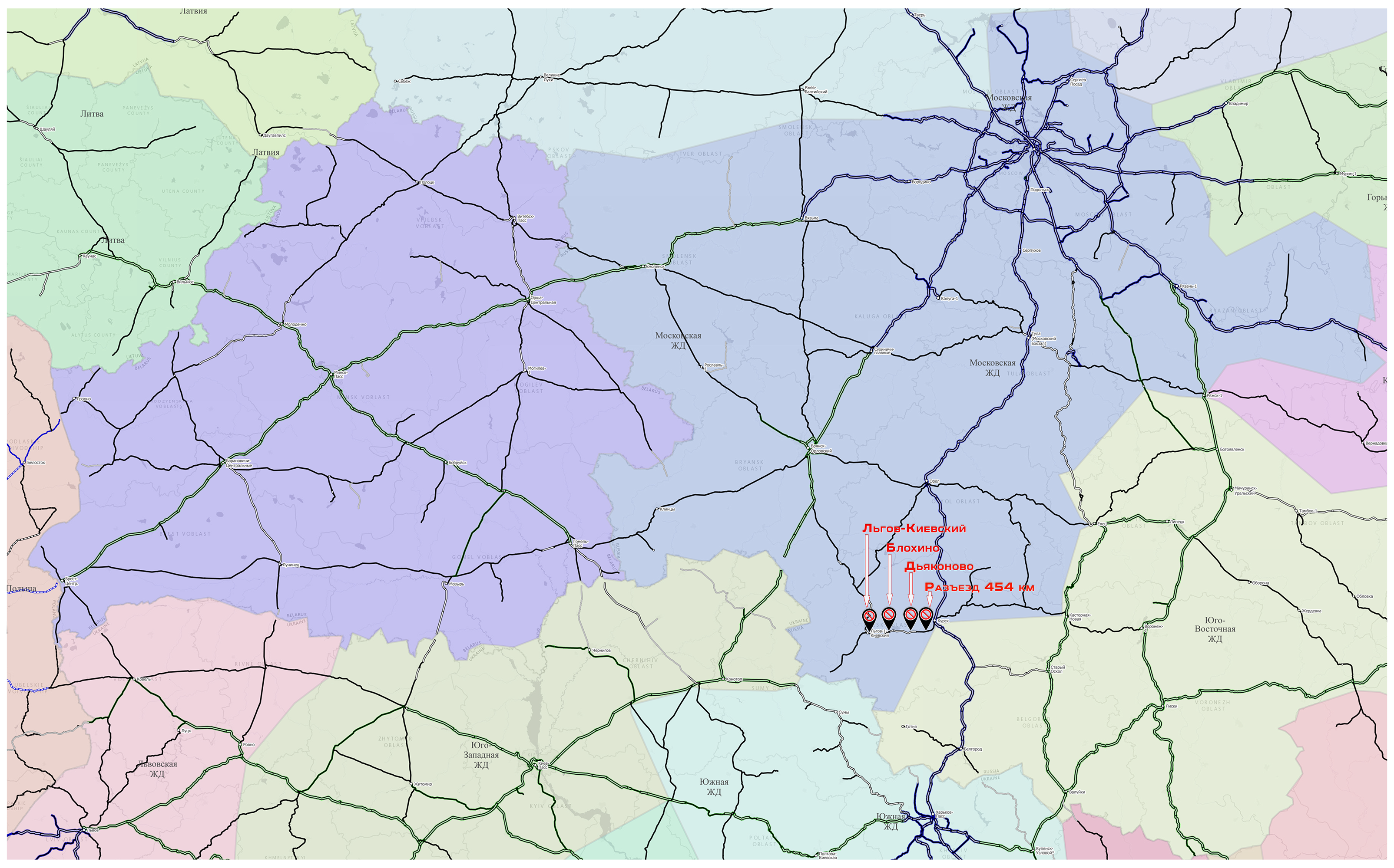 Схема расположения станций РЖД, добавленных к запрету на приём поездов от всех отправителей