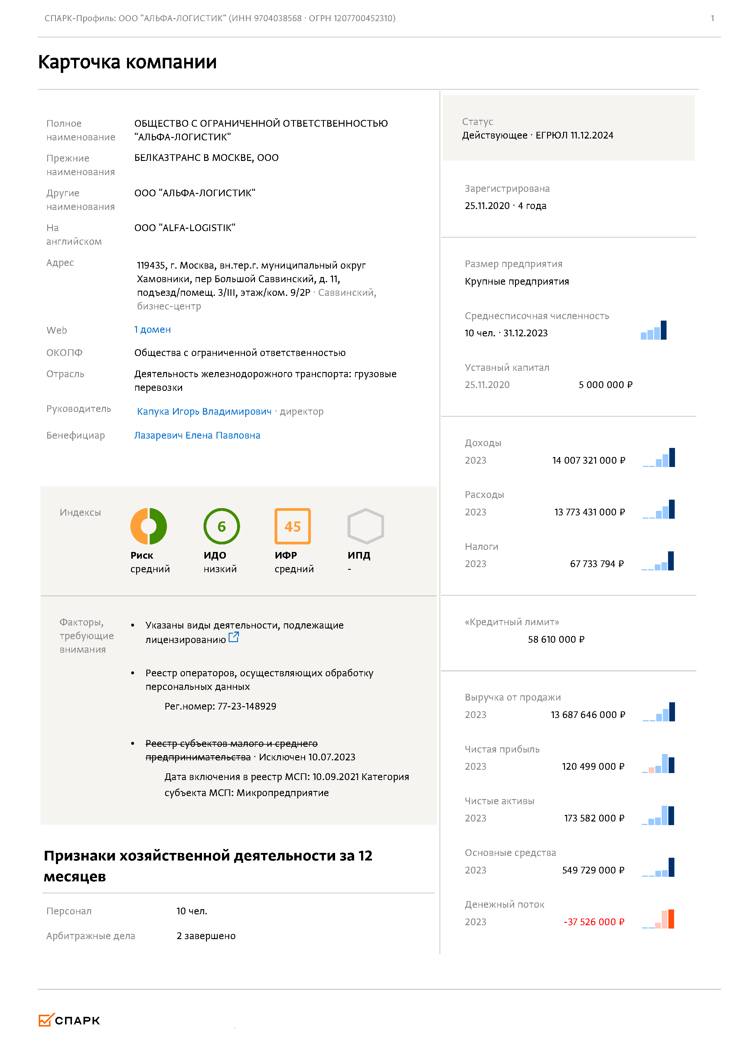 Выписка и общие сведения о компании ООО «Альфа-Логистик» (Страница 1 из 6)